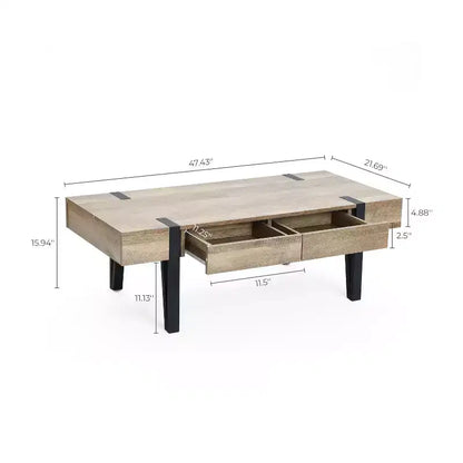 Table basse LuxenHome de 119 cm avec 2 tiroirs, pieds en métal noir, finition chêne de ferme