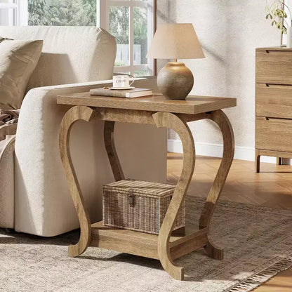 Table d'appoint à 2 niveaux Lantine, Table d'appoint étroite en bois, Meuble d'appoint de chevet pour Salon, Petits espaces, Chambre, Marron