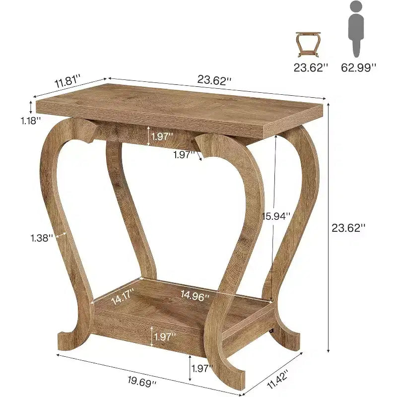 Table d'appoint à 2 niveaux Lantine, Table d'appoint étroite en bois, Meuble d'appoint de chevet pour Salon, Petits espaces, Chambre, Marron