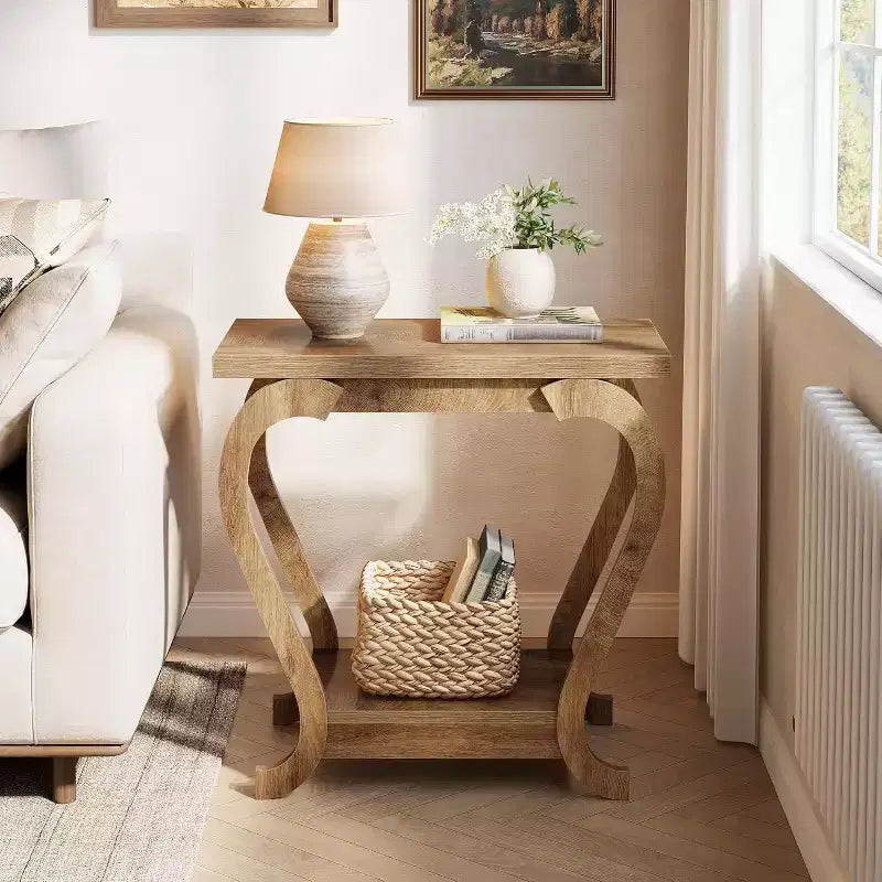 Table d'appoint à 2 niveaux Lantine, Table d'appoint étroite en bois, Meuble d'appoint de chevet pour Salon, Petits espaces, Chambre, Marron