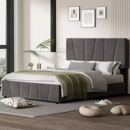 King Size Platform Bed Frame with Adjustable Headboard, 2 Storage Drawers, Soft Upholstered Design, Wooden Slats Support, No Box Spring Required