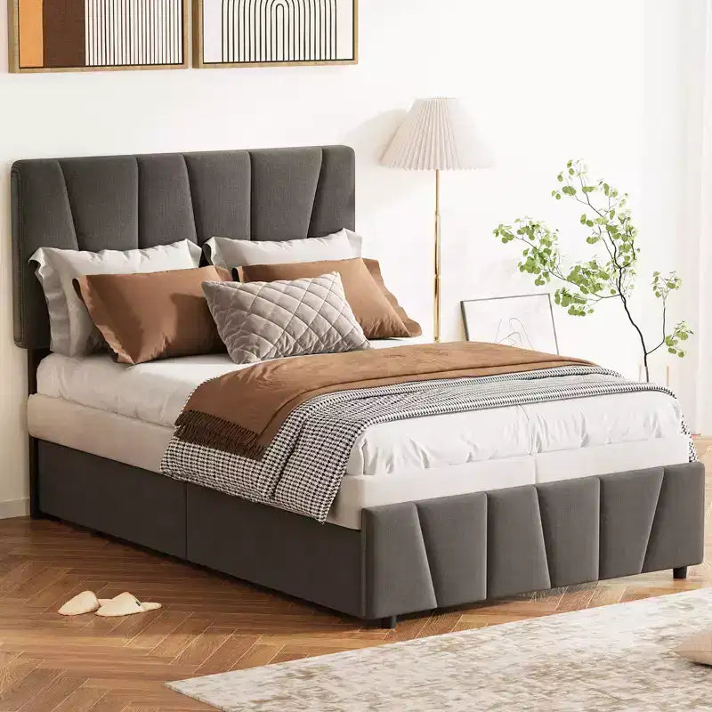 Cadre de lit plateforme King Size avec tête de lit réglable, 2 tiroirs de rangement, design rembourré doux, support à lattes en bois, pas besoin de sommier tapissier