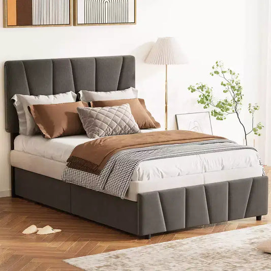 Cadre de lit plateforme King Size avec tête de lit réglable, 2 tiroirs de rangement, design rembourré doux, support à lattes en bois, pas besoin de sommier tapissier