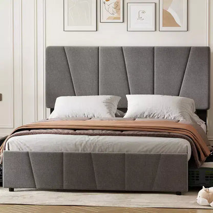 Cadre de lit plateforme King Size avec tête de lit réglable, 2 tiroirs de rangement, design rembourré doux, support à lattes en bois, pas besoin de sommier tapissier