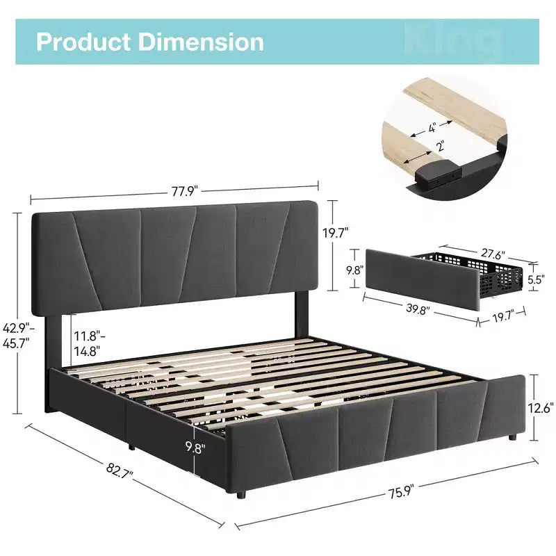 Cadre de lit plateforme King Size avec tête de lit réglable, 2 tiroirs de rangement, design rembourré doux, support à lattes en bois, pas besoin de sommier tapissier
