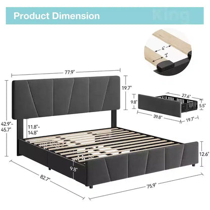 Cadre de lit plateforme King Size avec tête de lit réglable, 2 tiroirs de rangement, design rembourré doux, support à lattes en bois, pas besoin de sommier tapissier