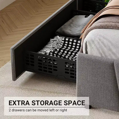 Cadre de lit plateforme King Size avec tête de lit réglable, 2 tiroirs de rangement, design rembourré doux, support à lattes en bois, pas besoin de sommier tapissier