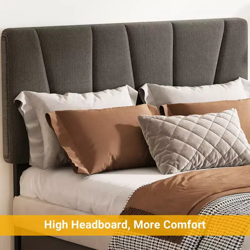 Cadre de lit plateforme King Size avec tête de lit réglable, 2 tiroirs de rangement, design rembourré doux, support à lattes en bois, pas besoin de sommier tapissier