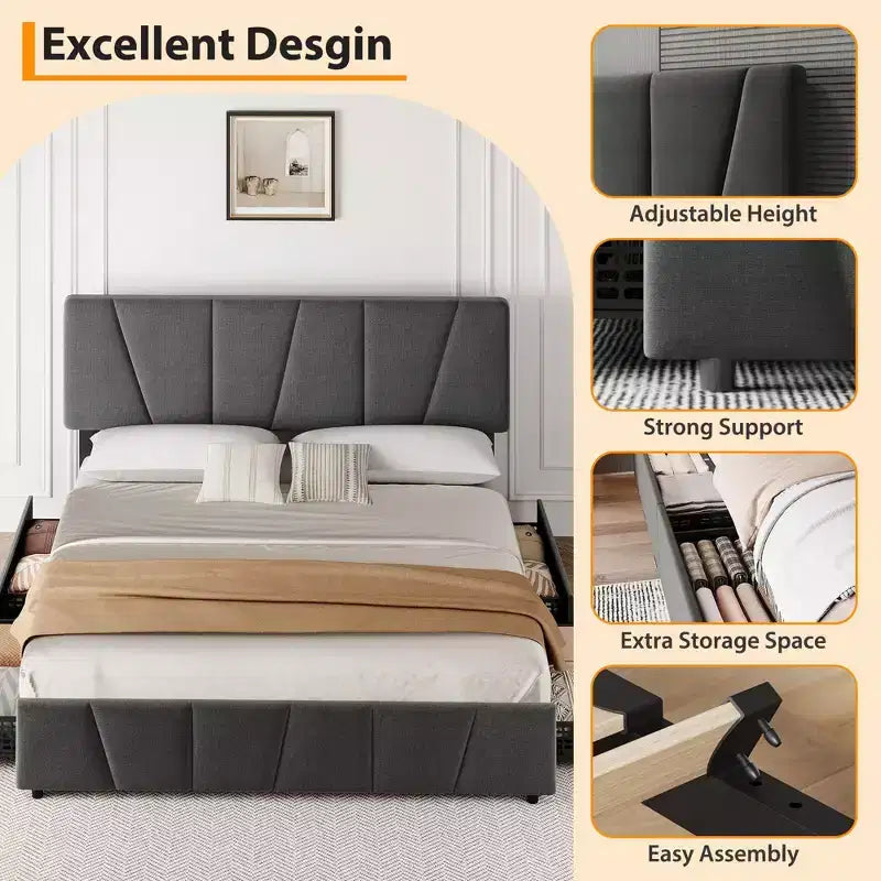 Cadre de lit plateforme King Size avec tête de lit réglable, 2 tiroirs de rangement, design rembourré doux, support à lattes en bois, pas besoin de sommier tapissier