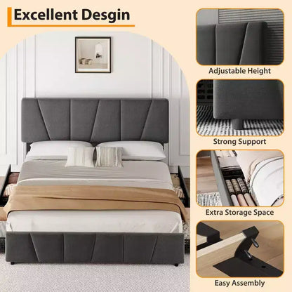 Cadre de lit plateforme King Size avec tête de lit réglable, 2 tiroirs de rangement, design rembourré doux, support à lattes en bois, pas besoin de sommier tapissier