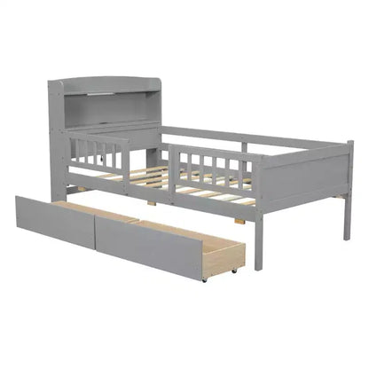 Lit plateforme pour enfants avec barrières et tiroirs, lit en bois de taille double avec LED, USB et tête de lit de rangement pour enfants