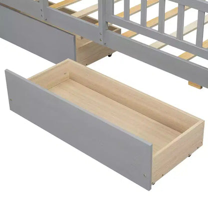 Lit plateforme pour enfants avec barrières et tiroirs, lit en bois de taille double avec LED, USB et tête de lit de rangement pour enfants