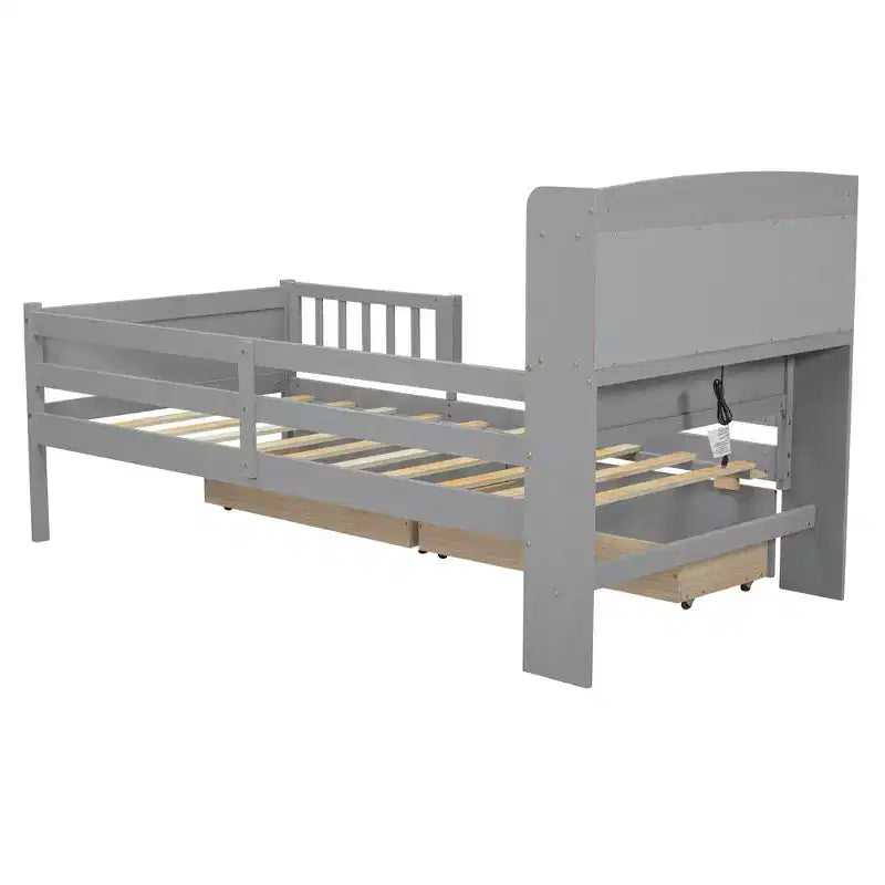 Lit plateforme pour enfants avec barrières et tiroirs, lit en bois de taille double avec LED, USB et tête de lit de rangement pour enfants