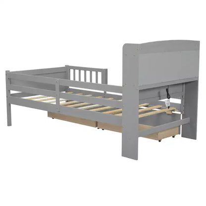 Lit plateforme pour enfants avec barrières et tiroirs, lit en bois de taille double avec LED, USB et tête de lit de rangement pour enfants