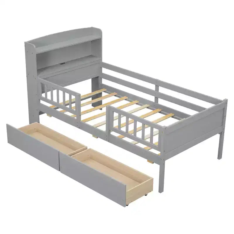 Lit plateforme pour enfants avec barrières et tiroirs, lit en bois de taille double avec LED, USB et tête de lit de rangement pour enfants