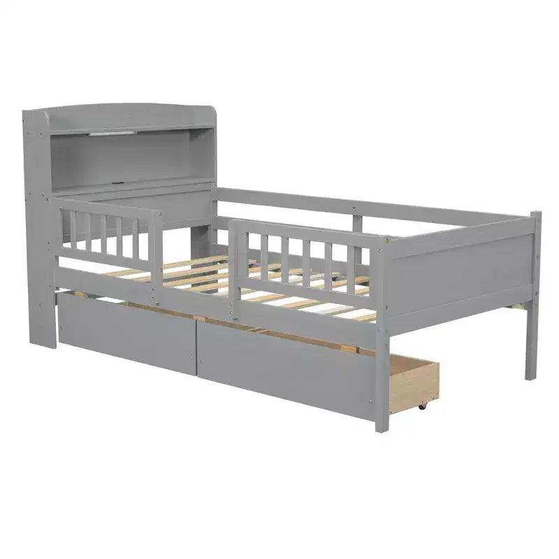 Lit plateforme pour enfants avec barrières et tiroirs, lit en bois de taille double avec LED, USB et tête de lit de rangement pour enfants