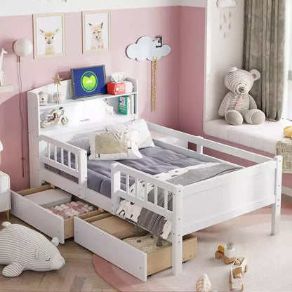 Lit plateforme pour enfants avec barrières et tiroirs, lit en bois de taille double avec LED, USB et tête de lit de rangement pour enfants