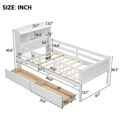 Lit plateforme pour enfants avec barrières et tiroirs, lit en bois de taille double avec LED, USB et tête de lit de rangement pour enfants