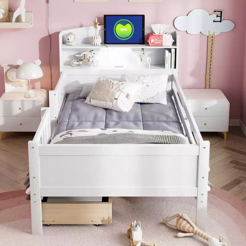 Lit plateforme pour enfants avec barrières et tiroirs, lit en bois de taille double avec LED, USB et tête de lit de rangement pour enfants
