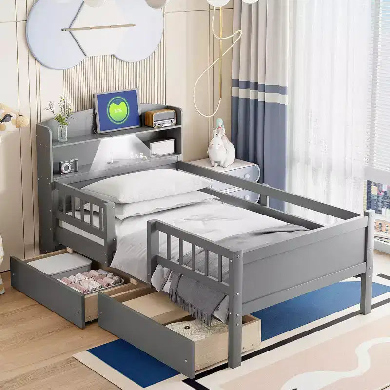 Lit plateforme pour enfants avec barrières et tiroirs, lit en bois de taille double avec LED, USB et tête de lit de rangement pour enfants