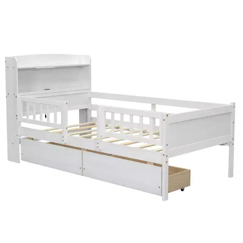 Lit plateforme pour enfants avec barrières et tiroirs, lit en bois de taille double avec LED, USB et tête de lit de rangement pour enfants