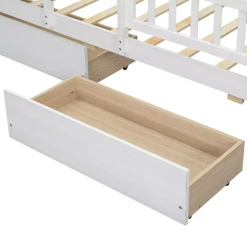Lit plateforme pour enfants avec barrières et tiroirs, lit en bois de taille double avec LED, USB et tête de lit de rangement pour enfants