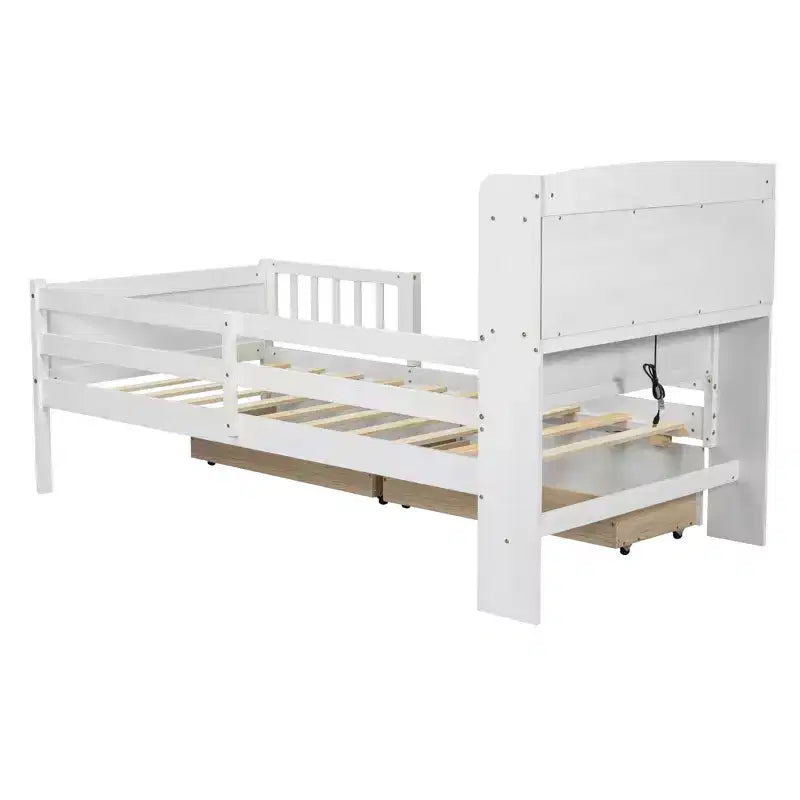 Lit plateforme pour enfants avec barrières et tiroirs, lit en bois de taille double avec LED, USB et tête de lit de rangement pour enfants