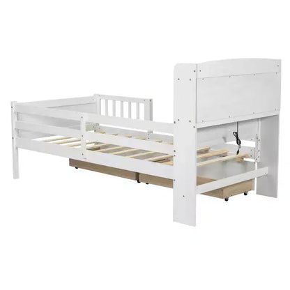 Lit plateforme pour enfants avec barrières et tiroirs, lit en bois de taille double avec LED, USB et tête de lit de rangement pour enfants