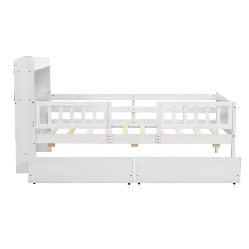 Lit plateforme pour enfants avec barrières et tiroirs, lit en bois de taille double avec LED, USB et tête de lit de rangement pour enfants
