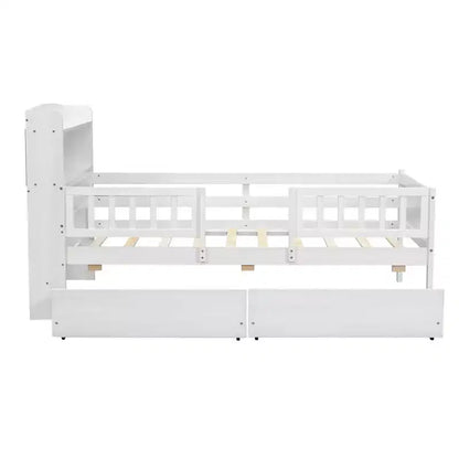 Lit plateforme pour enfants avec barrières et tiroirs, lit en bois de taille double avec LED, USB et tête de lit de rangement pour enfants