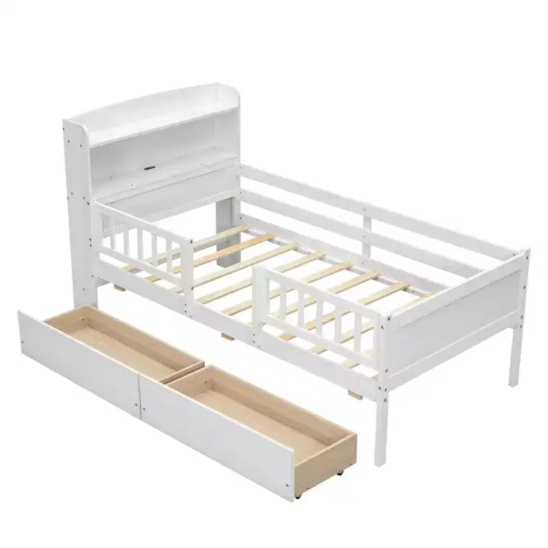 Lit plateforme pour enfants avec barrières et tiroirs, lit en bois de taille double avec LED, USB et tête de lit de rangement pour enfants