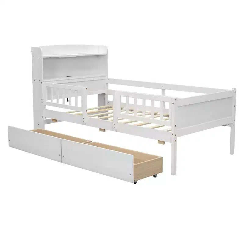 Lit plateforme pour enfants avec barrières et tiroirs, lit en bois de taille double avec LED, USB et tête de lit de rangement pour enfants