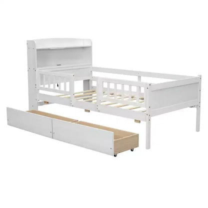Lit plateforme pour enfants avec barrières et tiroirs, lit en bois de taille double avec LED, USB et tête de lit de rangement pour enfants