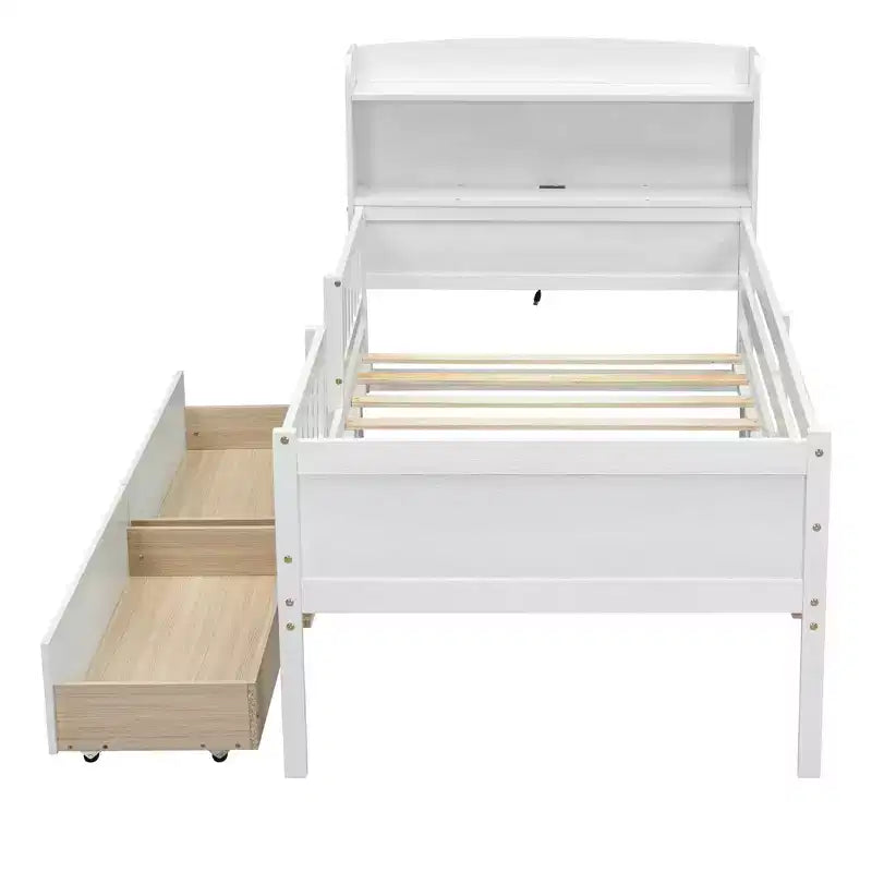 Lit plateforme pour enfants avec barrières et tiroirs, lit en bois de taille double avec LED, USB et tête de lit de rangement pour enfants