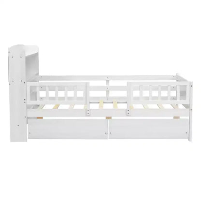 Lit plateforme pour enfants avec barrières et tiroirs, lit en bois de taille double avec LED, USB et tête de lit de rangement pour enfants