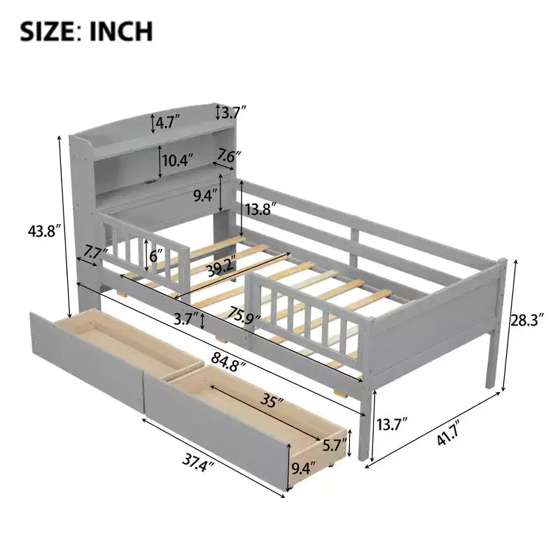 Lit plateforme pour enfants avec barrières et tiroirs, lit en bois de taille double avec LED, USB et tête de lit de rangement pour enfants