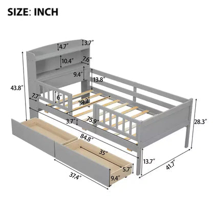 Lit plateforme pour enfants avec barrières et tiroirs, lit en bois de taille double avec LED, USB et tête de lit de rangement pour enfants
