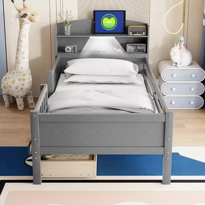 Lit plateforme pour enfants avec barrières et tiroirs, lit en bois de taille double avec LED, USB et tête de lit de rangement pour enfants
