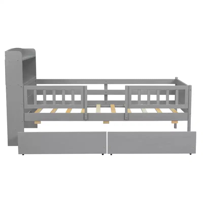 Lit plateforme pour enfants avec barrières et tiroirs, lit en bois de taille double avec LED, USB et tête de lit de rangement pour enfants