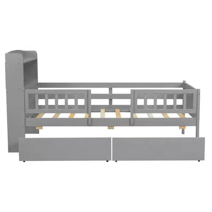 Lit plateforme pour enfants avec barrières et tiroirs, lit en bois de taille double avec LED, USB et tête de lit de rangement pour enfants