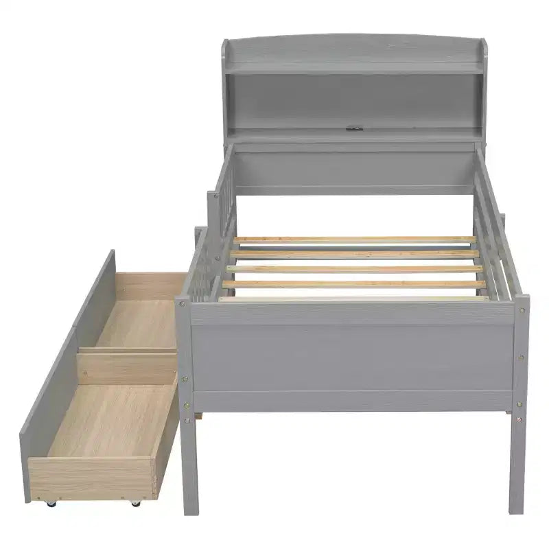 Lit plateforme pour enfants avec barrières et tiroirs, lit en bois de taille double avec LED, USB et tête de lit de rangement pour enfants