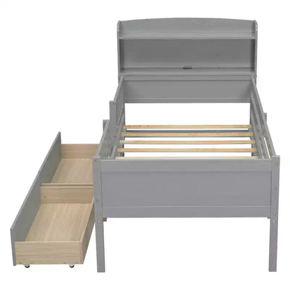 Lit plateforme pour enfants avec barrières et tiroirs, lit en bois de taille double avec LED, USB et tête de lit de rangement pour enfants
