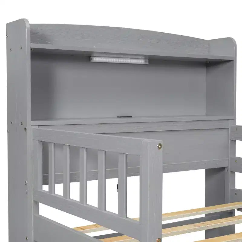 Lit plateforme pour enfants avec barrières et tiroirs, lit en bois de taille double avec LED, USB et tête de lit de rangement pour enfants