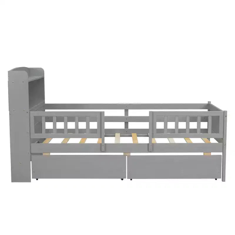 Lit plateforme pour enfants avec barrières et tiroirs, lit en bois de taille double avec LED, USB et tête de lit de rangement pour enfants
