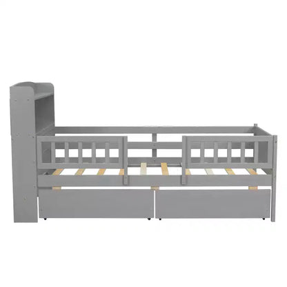 Lit plateforme pour enfants avec barrières et tiroirs, lit en bois de taille double avec LED, USB et tête de lit de rangement pour enfants