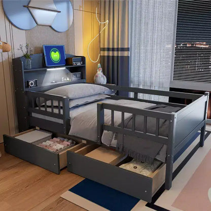 Kids Platform Bed with Fences and Drawers, Twin Size Wooden Bed with LED, USB and Storage Headboard for Kids