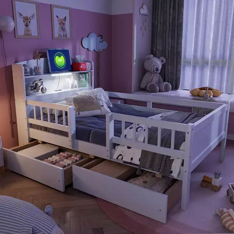 Lit plateforme pour enfants avec barrières et tiroirs, lit en bois de taille double avec LED, USB et tête de lit de rangement pour enfants