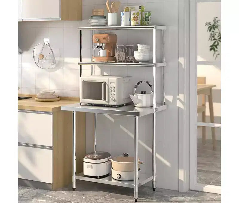 Table de travail de cuisine en acier inoxydable 60 * 24 avec étagère à 3 niveaux – Station de préparation robuste pour micro-ondes, ustensiles de cuisine et rangement d'accessoires de cuisine