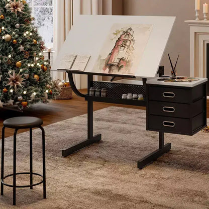 Okak Wooden Adjustable Drawing Drafting Table with 3 Drawers & Stool,Drawing Drafting Desk for Artist