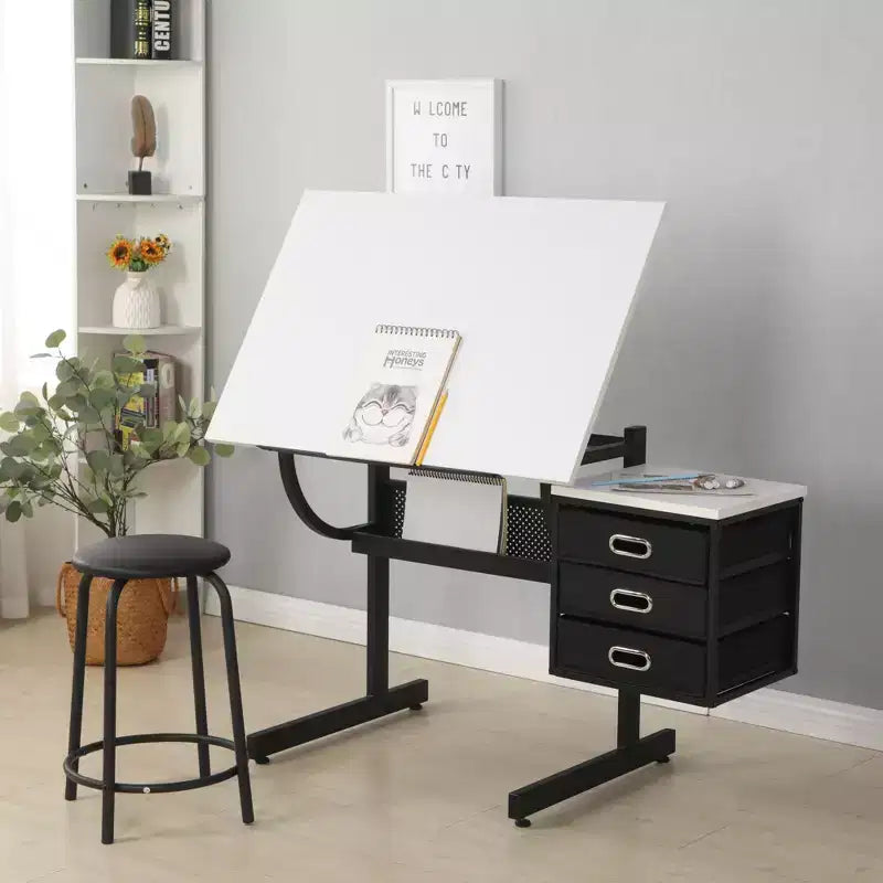 Table à dessin/de traçage réglable en bois Okak avec 3 tiroirs et tabouret, bureau de dessin/de traçage pour artiste